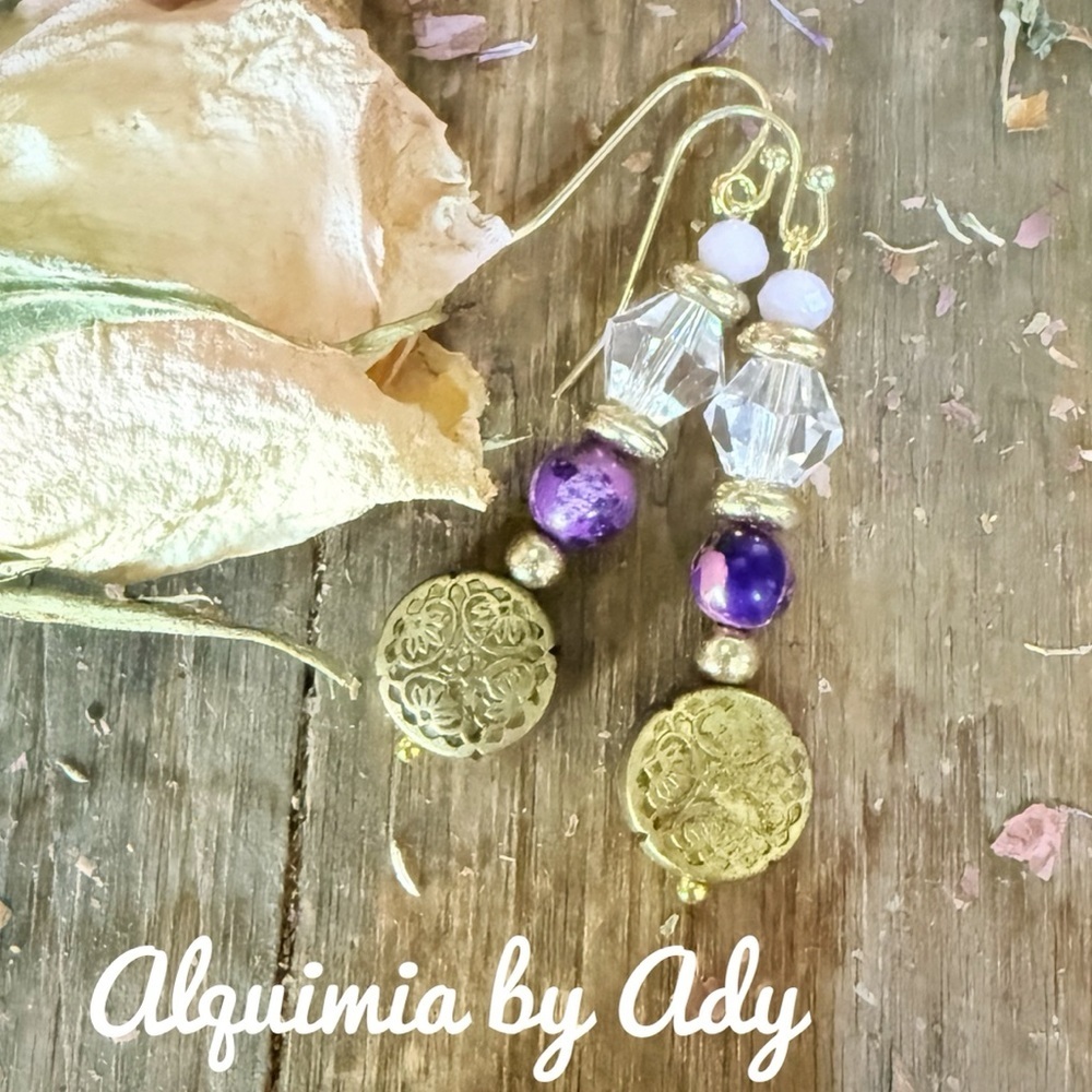 Gold antique finished purple turquoise statement earrings